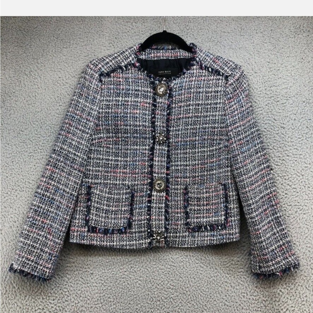 Zara navy blue white plaid tweed cropped blazer suit jacket jewel buttons Size L